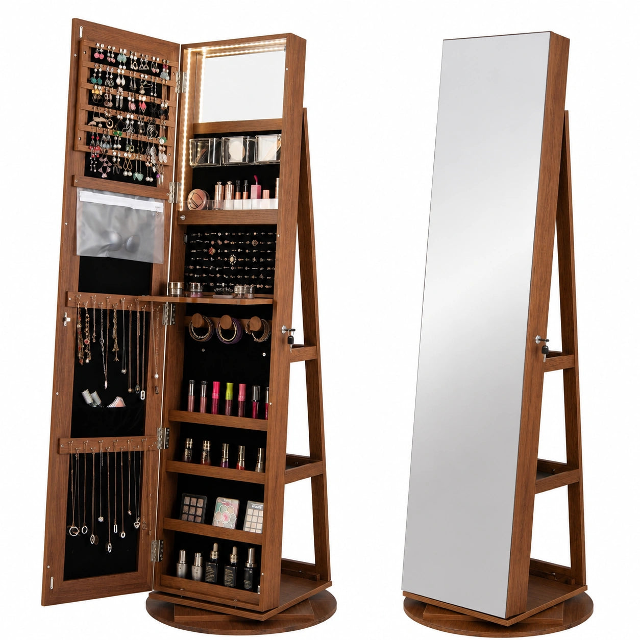 Armoire, pivotant, avec étagères, avec éclairage LED, coloris marron, pour la chambre