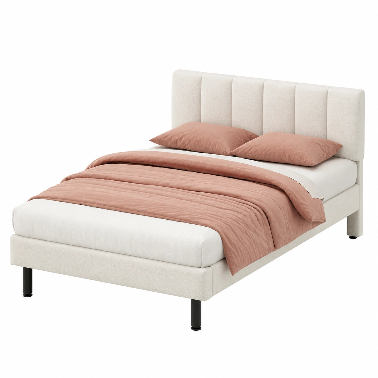 Lit, avec sommier, rembourré, coloris beige, 140 x 190 cm, pour la chambre