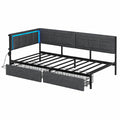 Canapé convertible, 90 x 190 cm, avec tiroirs, avec éclairage LED, avec prise intégrée, en métal et tissu, coloris gris