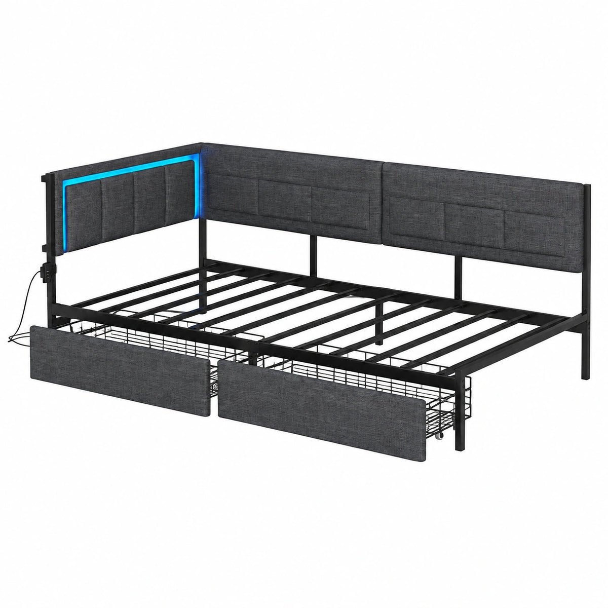 Canapé convertible, 90 x 190 cm, avec tiroirs, avec éclairage LED, avec prise intégrée, en métal et tissu, coloris gris