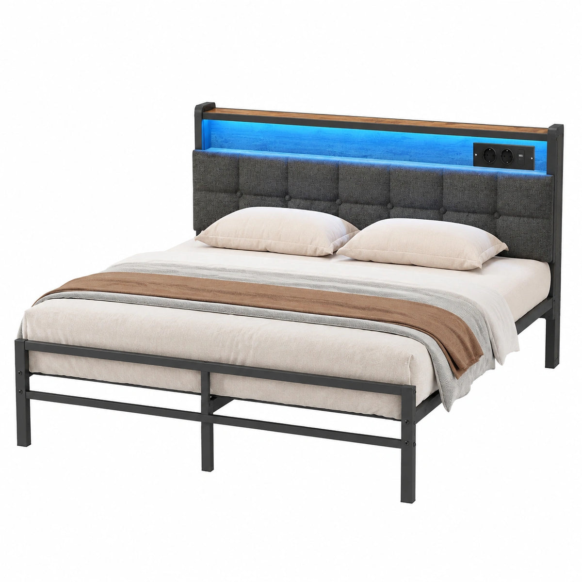 Lit, en métal, avec étagères, avec éclairage LED, avec prise intégrée, coloris noir et marron, 140 x 190 cm, 208,9 x 140,5 x 104,5 cm, pour la chambre