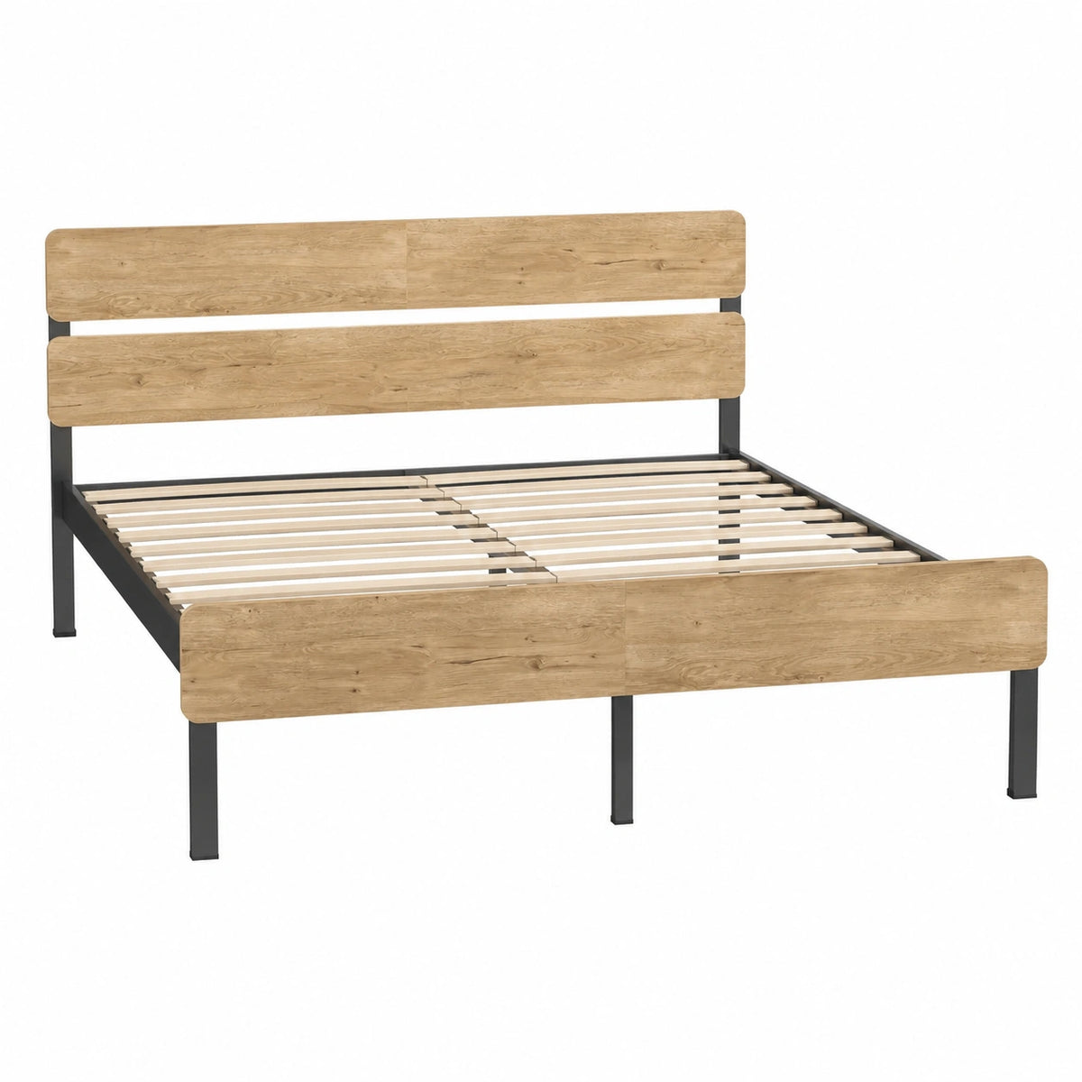Lit, 2 places, avec rangement, avec éclairage LED, avec prise intégrée, en métal, coloris marron et naturel, pour la chambre